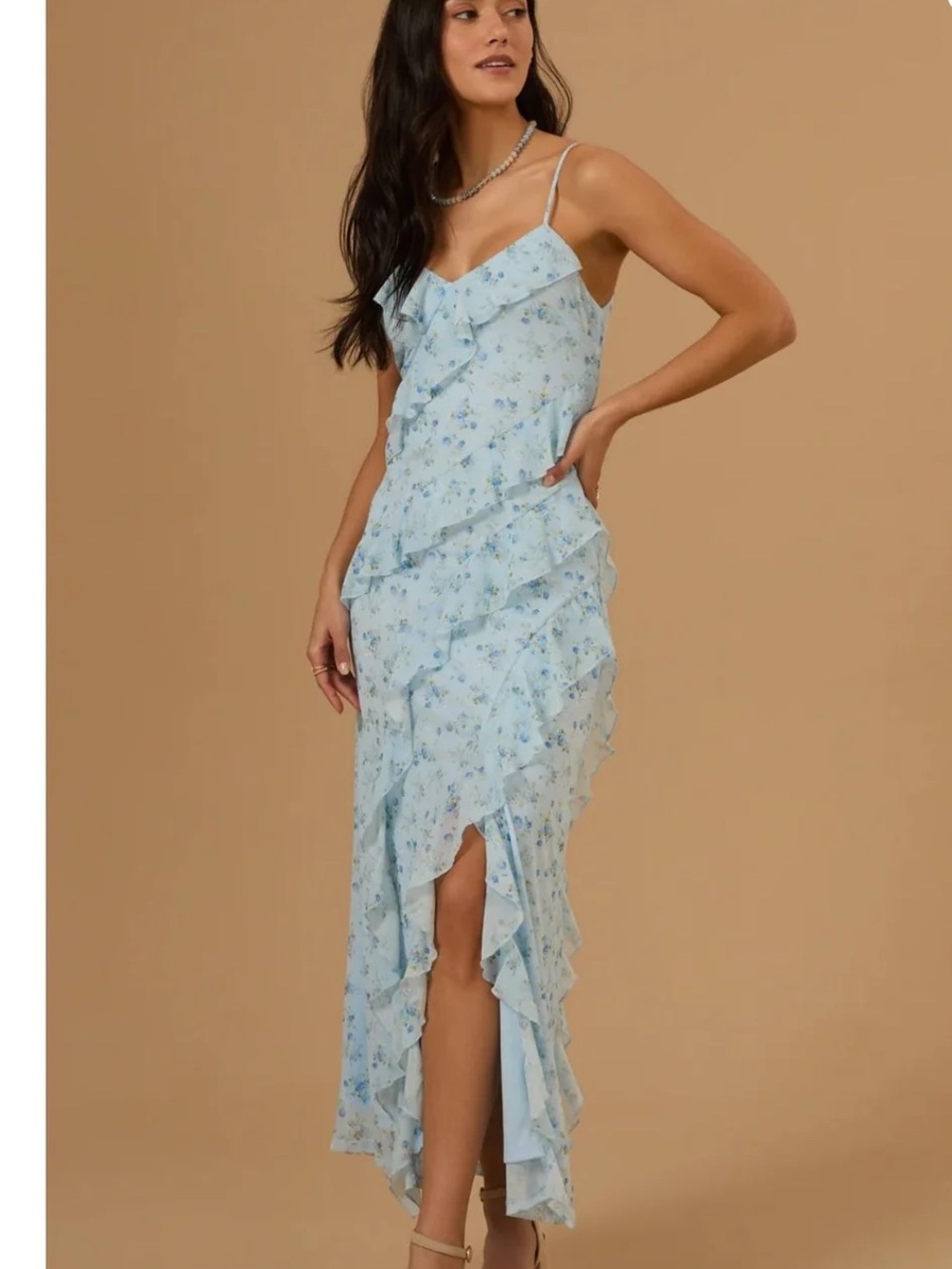 Altar'd State Pale Sky Blue Floral Flutter Ruffle Sleeveless Maxi Dress XS